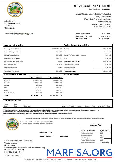 Printable Sierra Leone Bank of Sierra Leone bank mortgage statement in Word and PDF formats sample